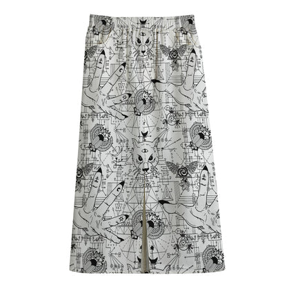 White And Black Wicca Magical Print Cotton Front Slit Maxi Skirt