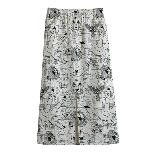 White And Black Wicca Magical Print Cotton Front Slit Maxi Skirt