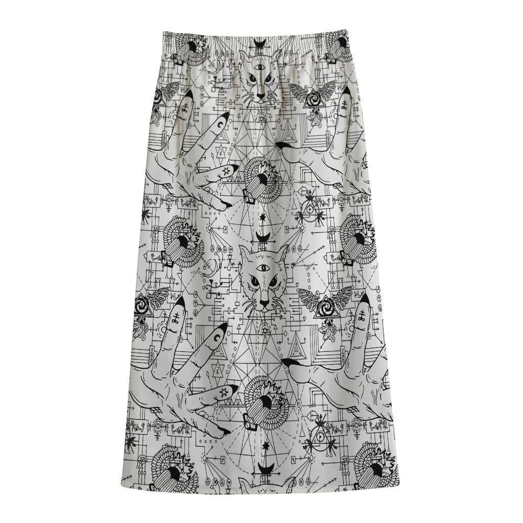 White And Black Wicca Magical Print Cotton Front Slit Maxi Skirt
