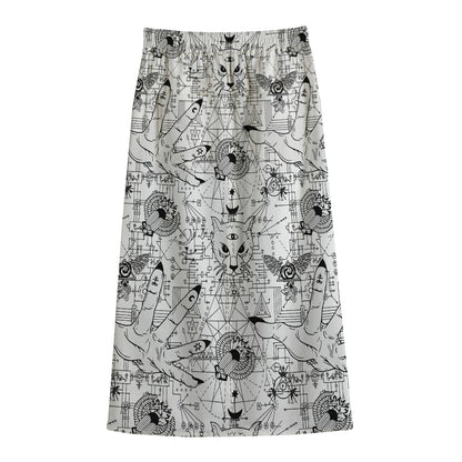 White And Black Wicca Magical Print Cotton Front Slit Maxi Skirt