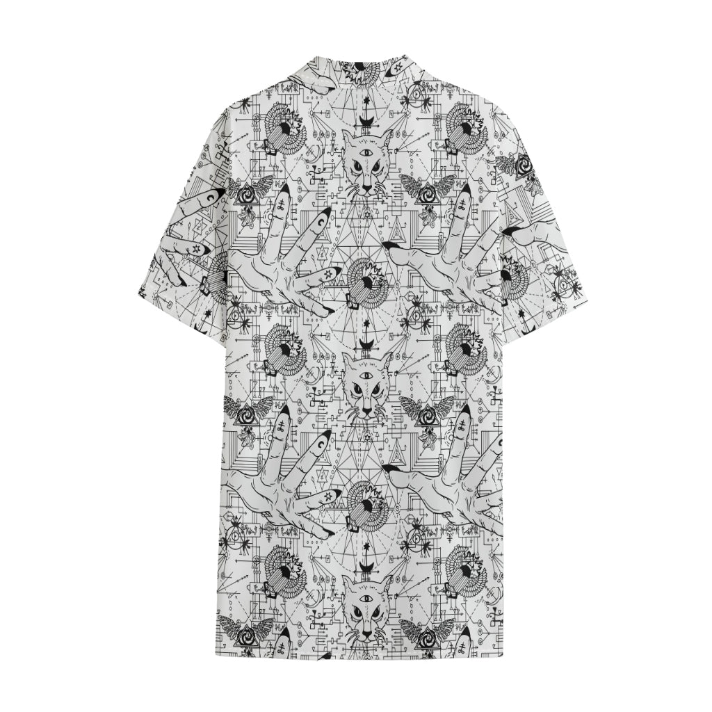 White And Black Wicca Magical Print Cotton Hawaiian Shirt