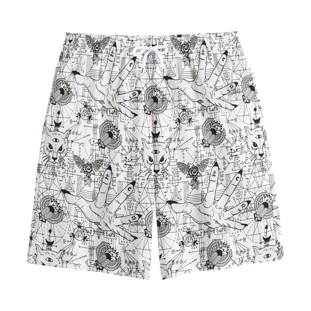 White And Black Wicca Magical Print Cotton Shorts
