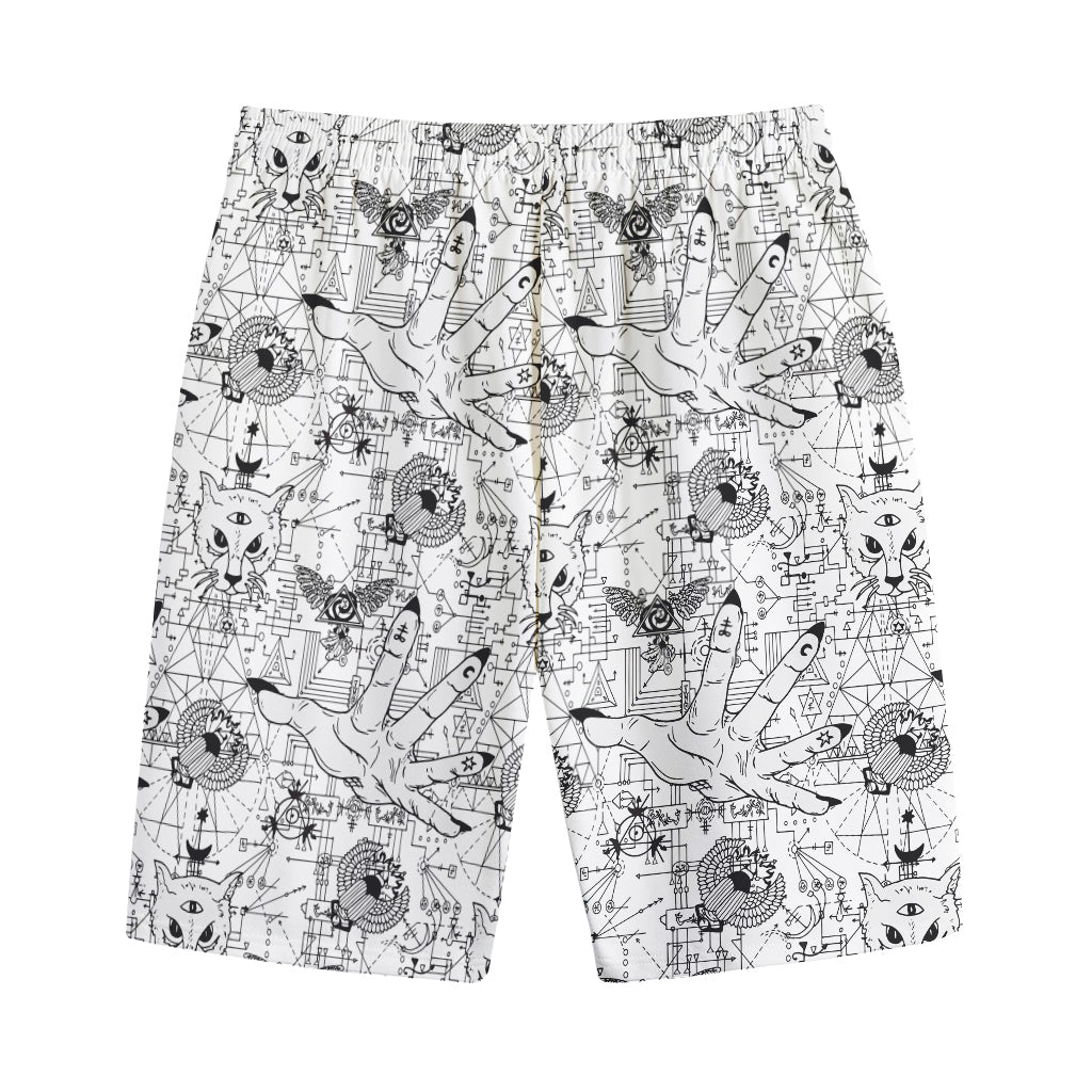 White And Black Wicca Magical Print Cotton Shorts