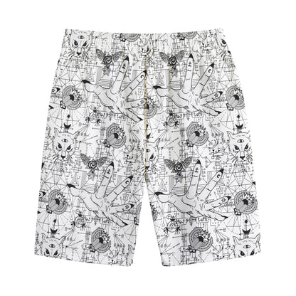 White And Black Wicca Magical Print Cotton Shorts