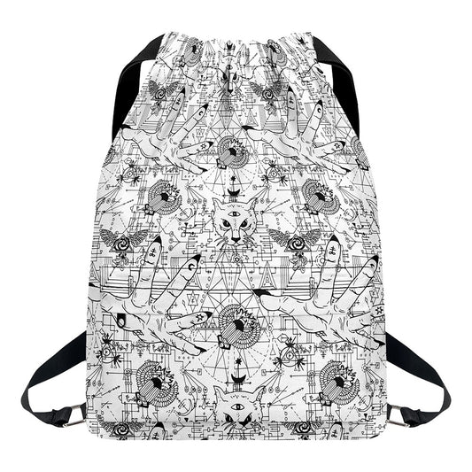 White And Black Wicca Magical Print Drawstring Backpack