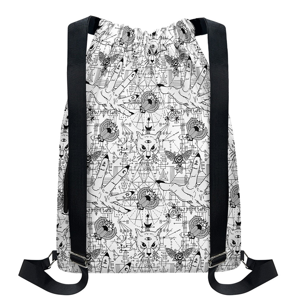 White And Black Wicca Magical Print Drawstring Backpack