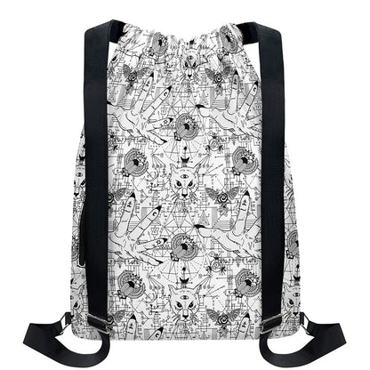 White And Black Wicca Magical Print Drawstring Backpack
