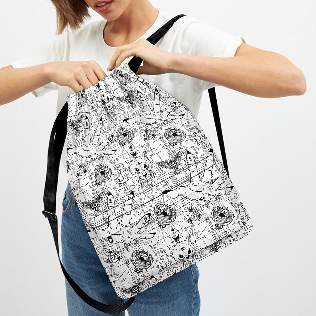 White And Black Wicca Magical Print Drawstring Backpack