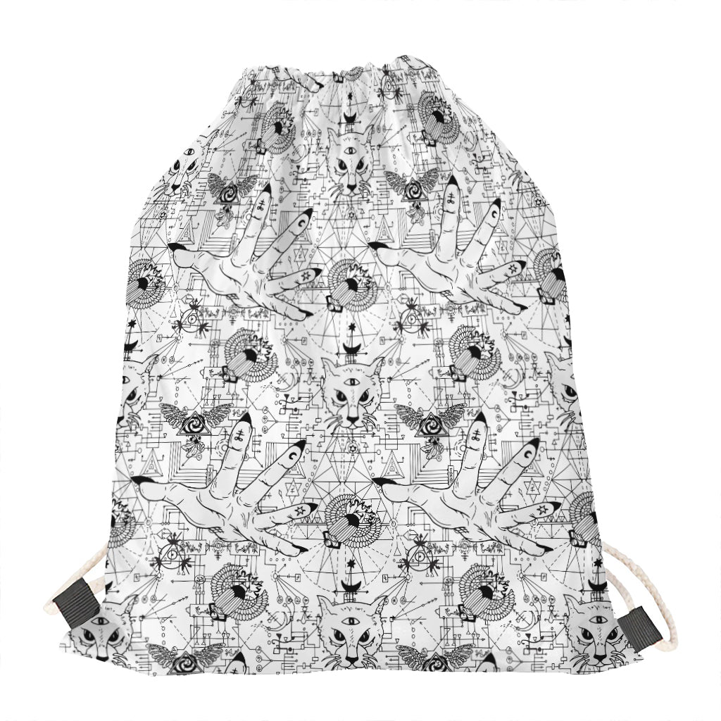 White And Black Wicca Magical Print Drawstring Bag