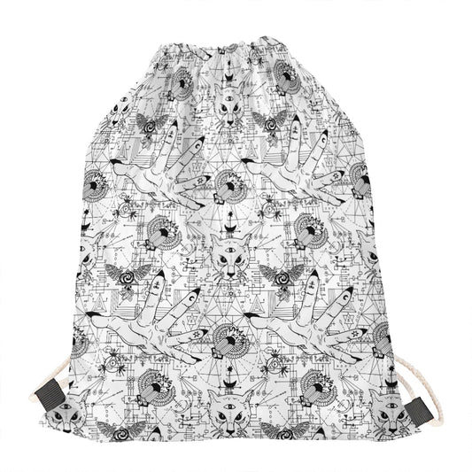 White And Black Wicca Magical Print Drawstring Bag
