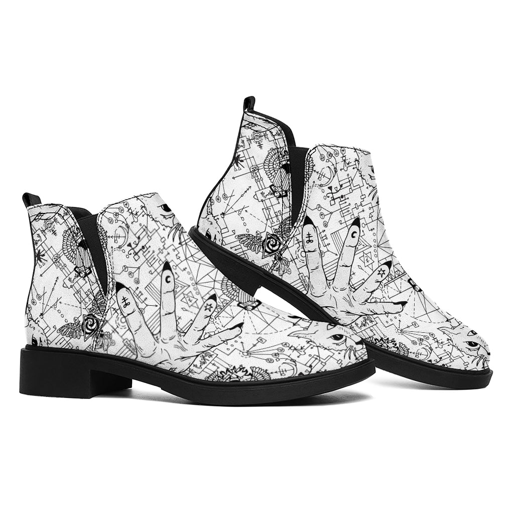 White And Black Wicca Magical Print Flat Ankle Boots