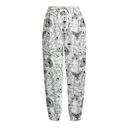 White And Black Wicca Magical Print Fleece Lined Knit Pants