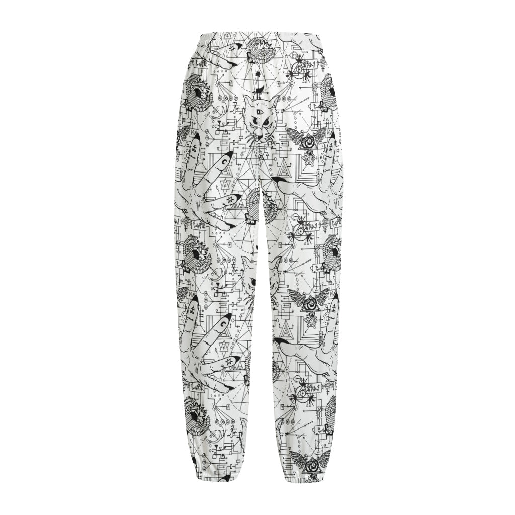 White And Black Wicca Magical Print Fleece Lined Knit Pants