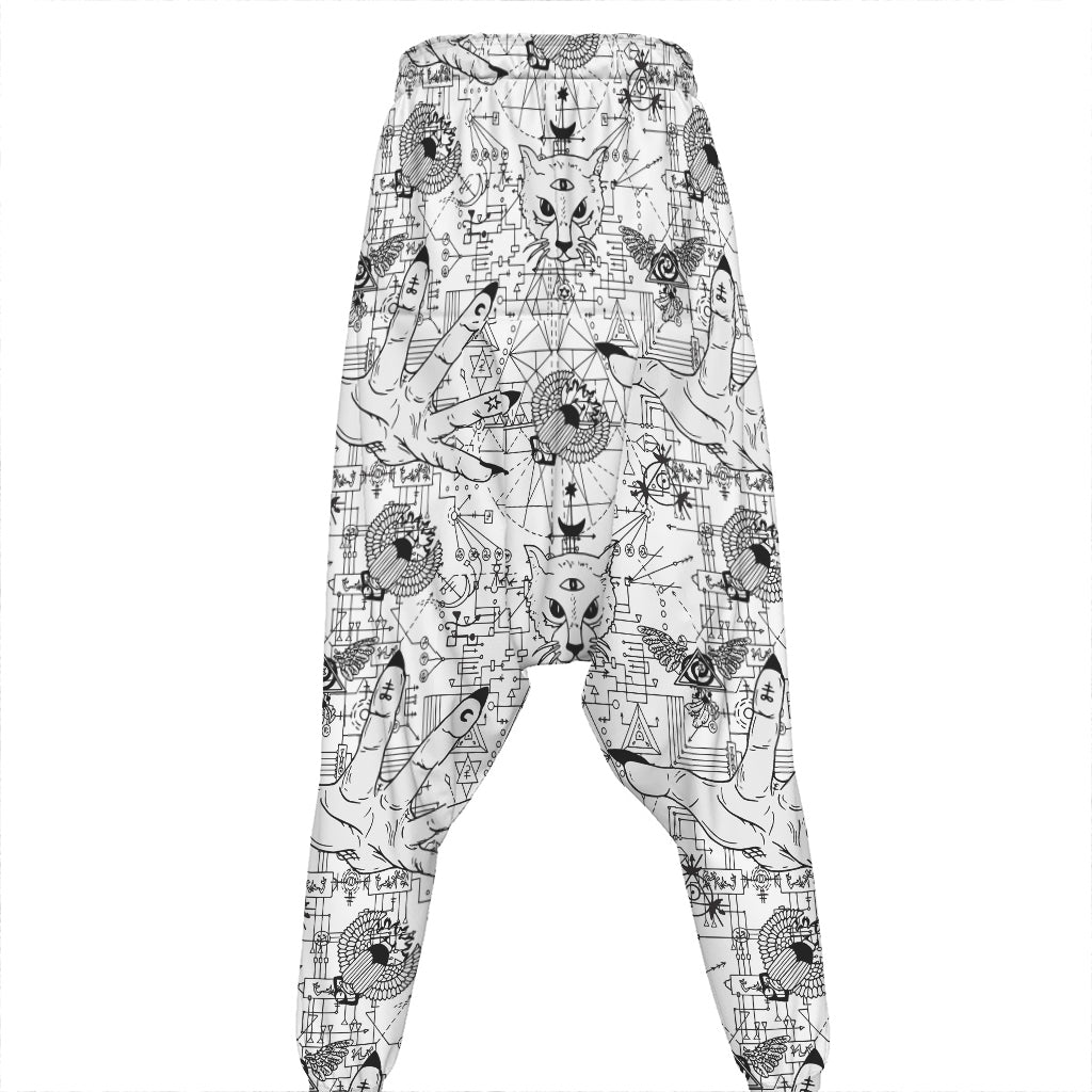 White And Black Wicca Magical Print Hammer Pants
