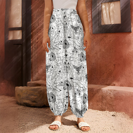 White And Black Wicca Magical Print Harem Pants