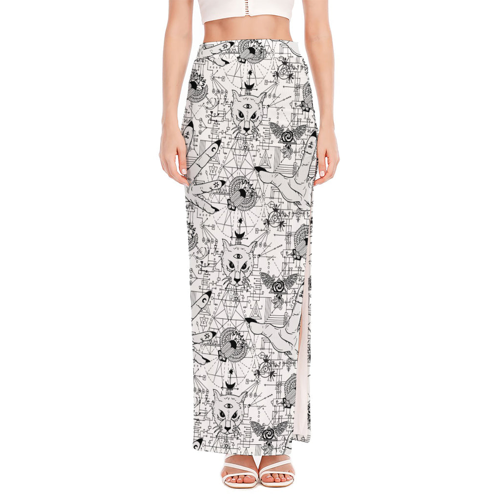 White And Black Wicca Magical Print High Slit Maxi Skirt