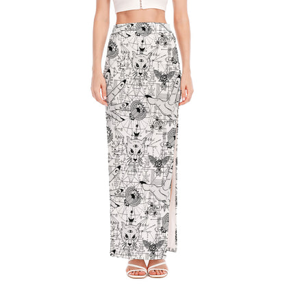 White And Black Wicca Magical Print High Slit Maxi Skirt