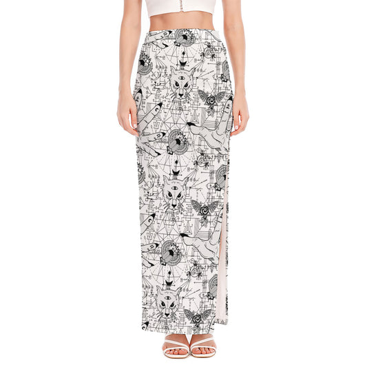 White And Black Wicca Magical Print High Slit Maxi Skirt