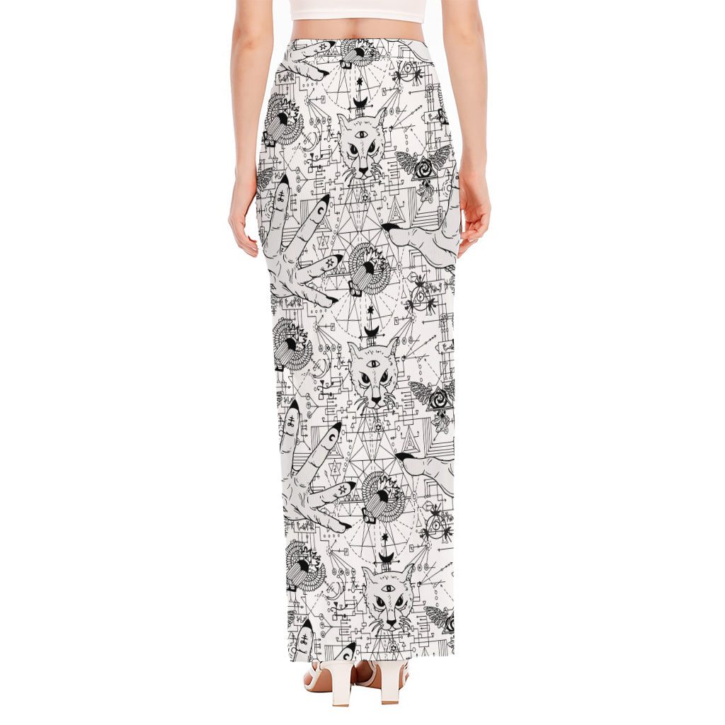 White And Black Wicca Magical Print High Slit Maxi Skirt