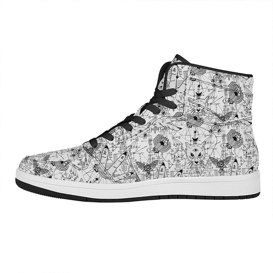 White And Black Wicca Magical Print High Top Leather Sneakers
