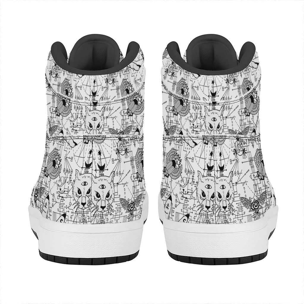 White And Black Wicca Magical Print High Top Leather Sneakers