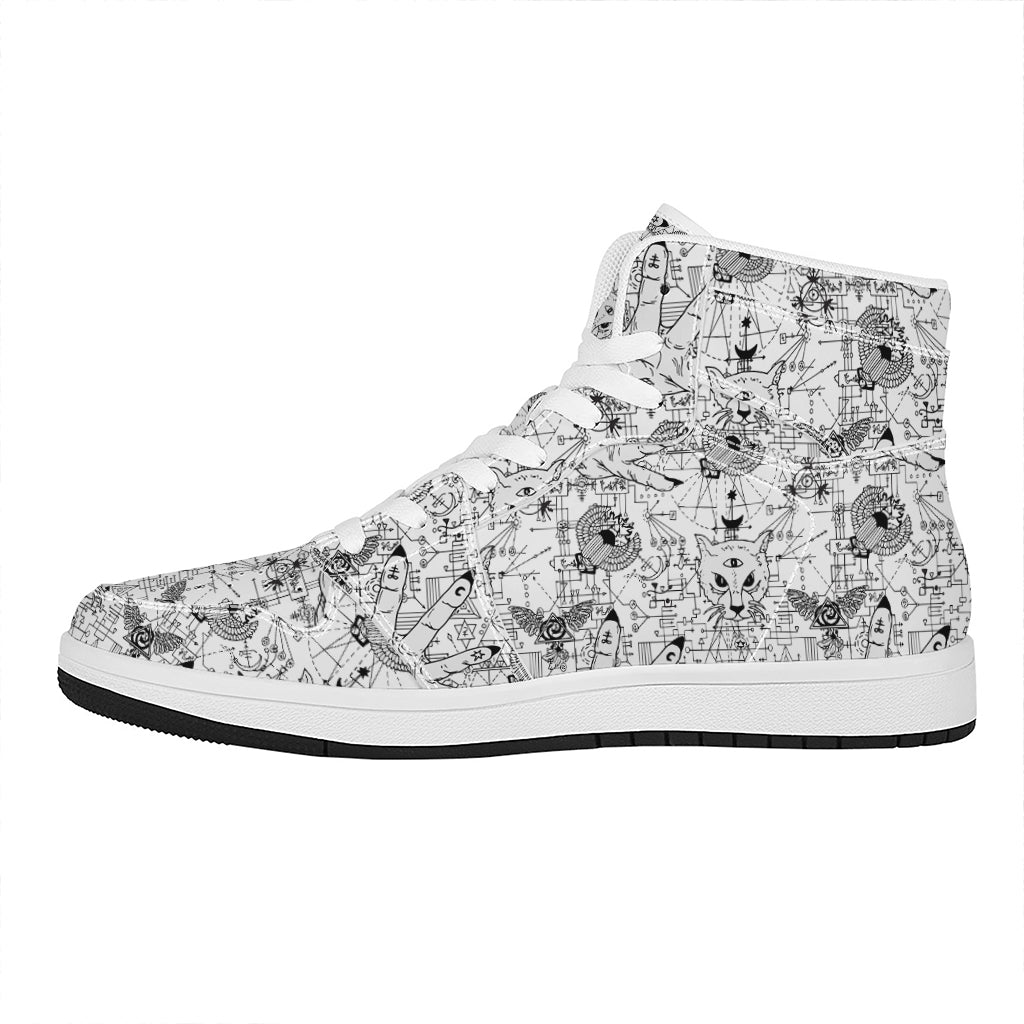 White And Black Wicca Magical Print High Top Leather Sneakers