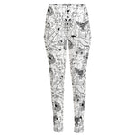 White And Black Wicca Magical Print High-Waisted Pocket Leggings