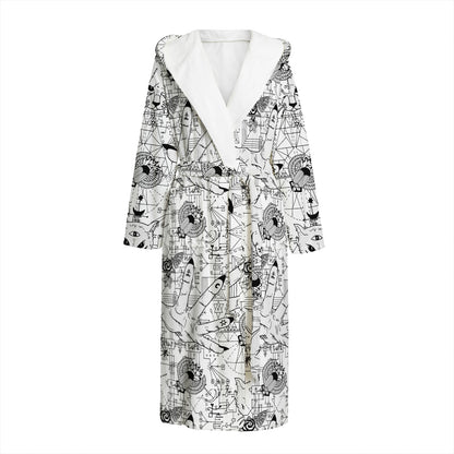 White And Black Wicca Magical Print Hooded Bathrobe
