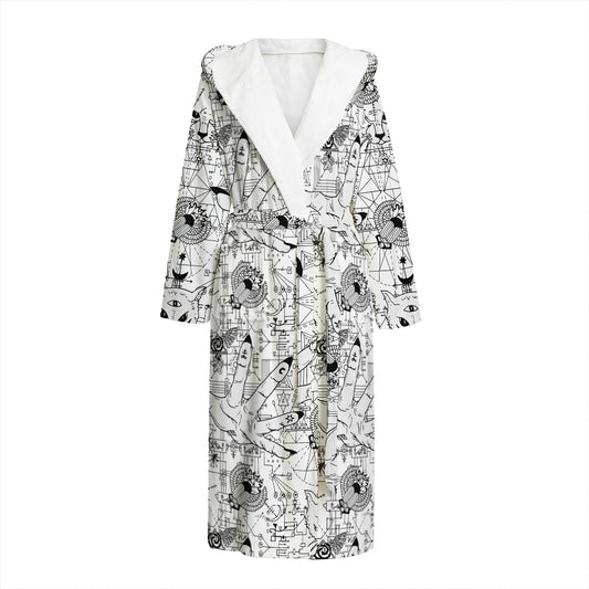 White And Black Wicca Magical Print Hooded Bathrobe