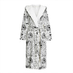 White And Black Wicca Magical Print Hooded Bathrobe