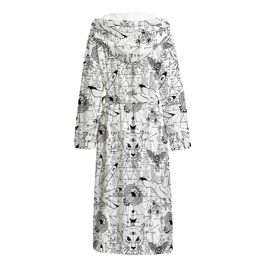 White And Black Wicca Magical Print Hooded Bathrobe