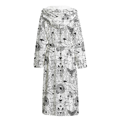 White And Black Wicca Magical Print Hooded Bathrobe