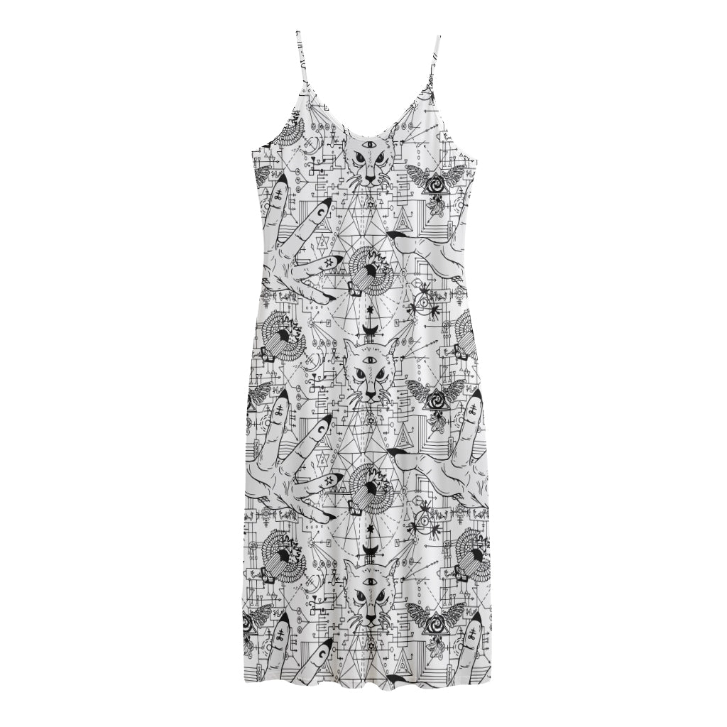White And Black Wicca Magical Print Jersey Midi Cami Dress