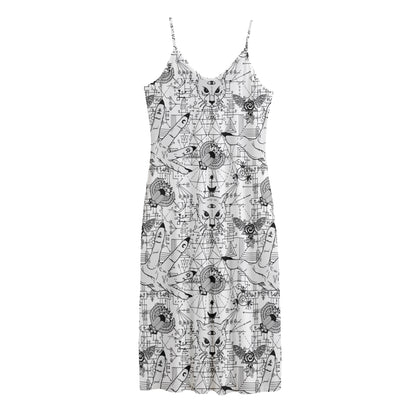 White And Black Wicca Magical Print Jersey Midi Cami Dress