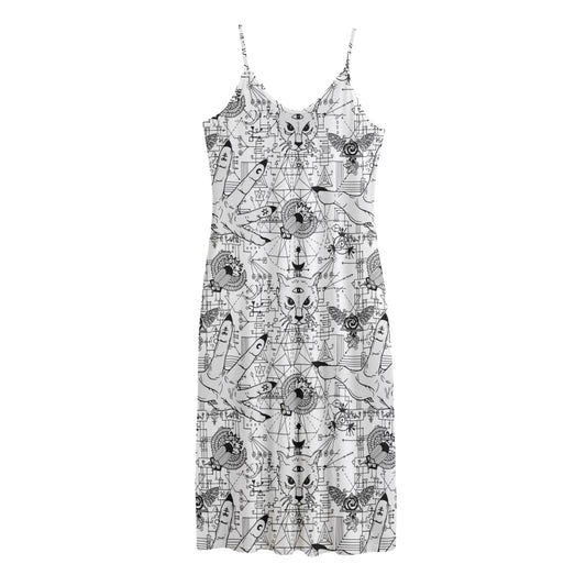 White And Black Wicca Magical Print Jersey Midi Cami Dress