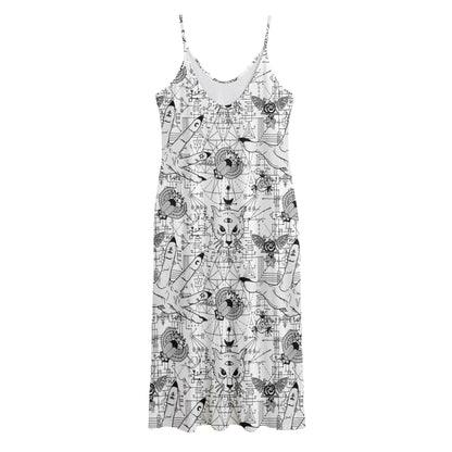 White And Black Wicca Magical Print Jersey Midi Cami Dress