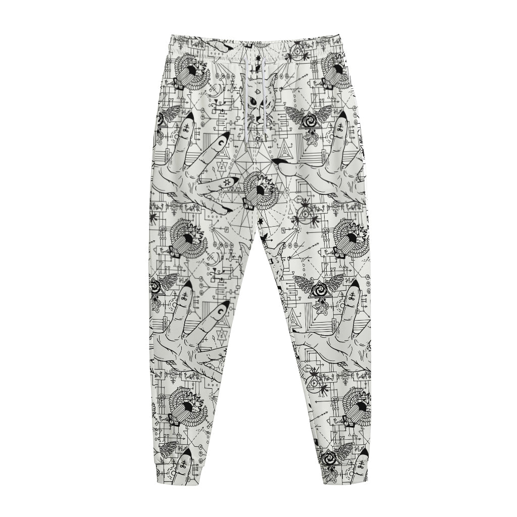 White And Black Wicca Magical Print Jogger Pants