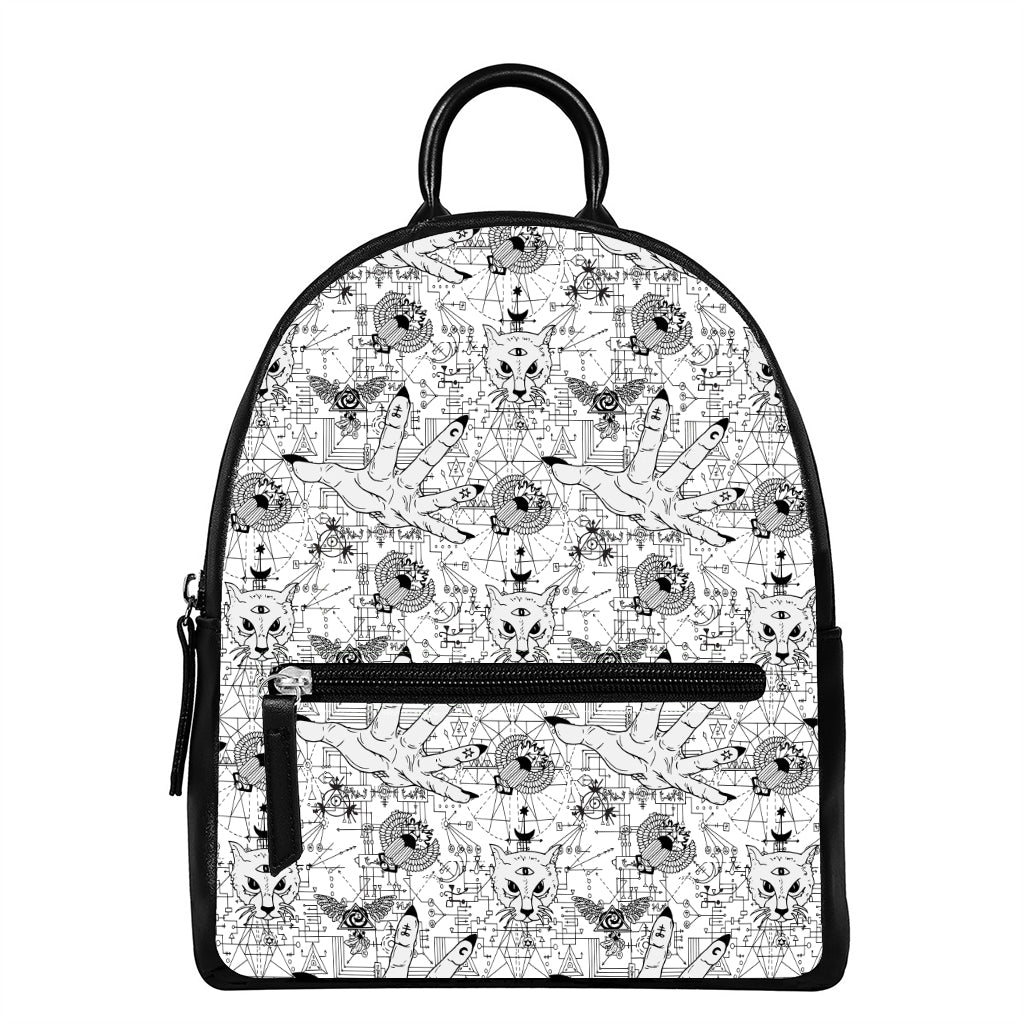 White And Black Wicca Magical Print Leather Backpack