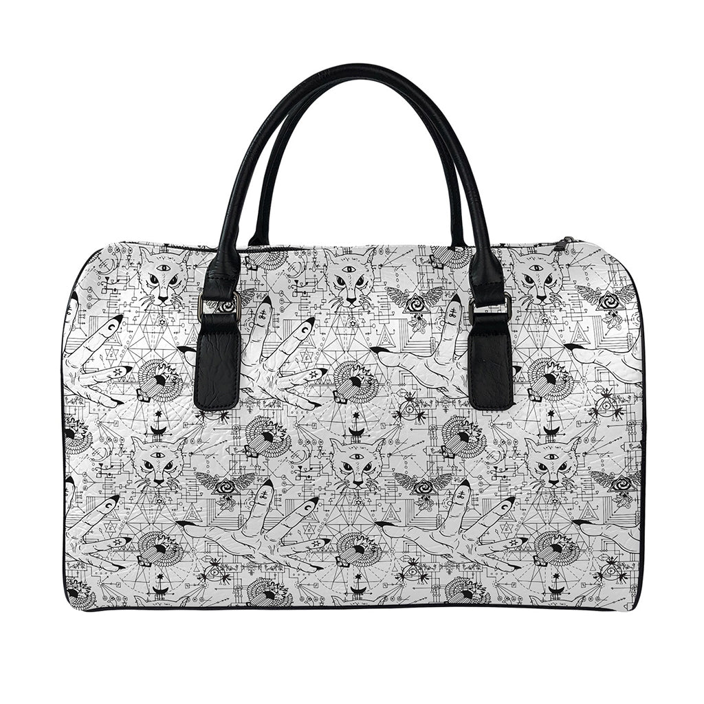 White And Black Wicca Magical Print Leather Duffle Bag