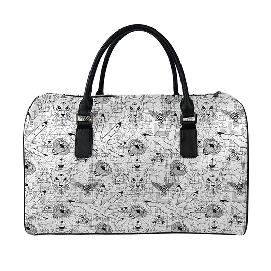 White And Black Wicca Magical Print Leather Duffle Bag