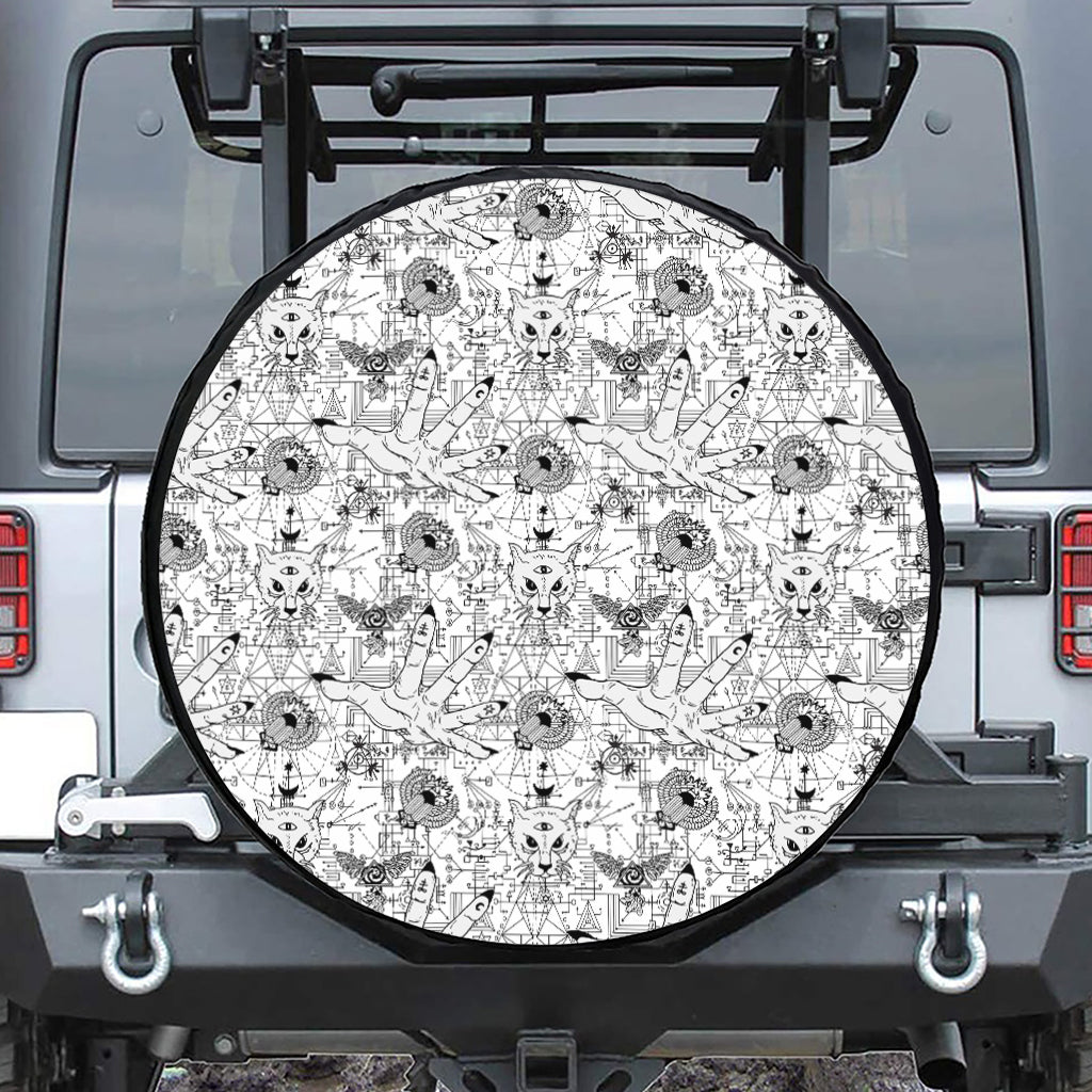 White And Black Wicca Magical Print Leather Spare Tire Cover