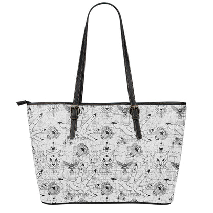 White And Black Wicca Magical Print Leather Tote Bag