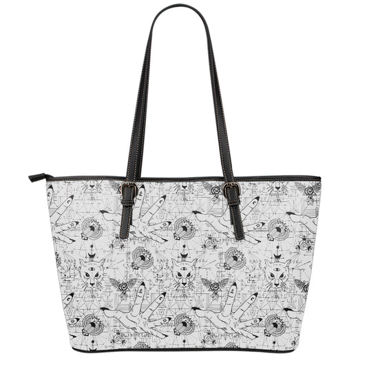 White And Black Wicca Magical Print Leather Tote Bag