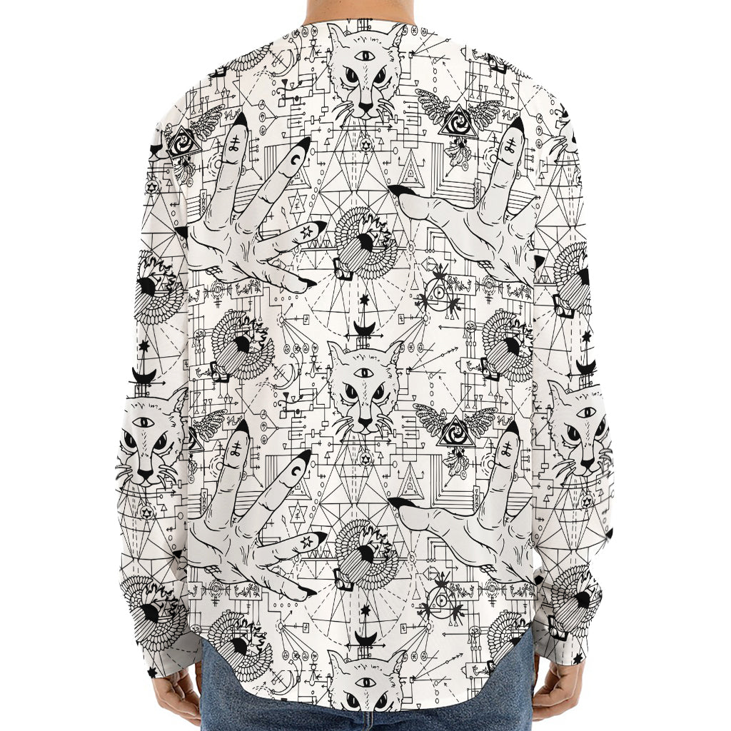 White And Black Wicca Magical Print Long Sleeve Baseball Jersey