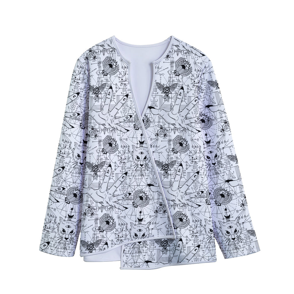 White And Black Wicca Magical Print Long Sleeve Short Coat