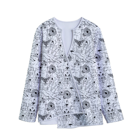 White And Black Wicca Magical Print Long Sleeve Short Coat