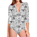 White And Black Wicca Magical Print Long Sleeve Swimsuit