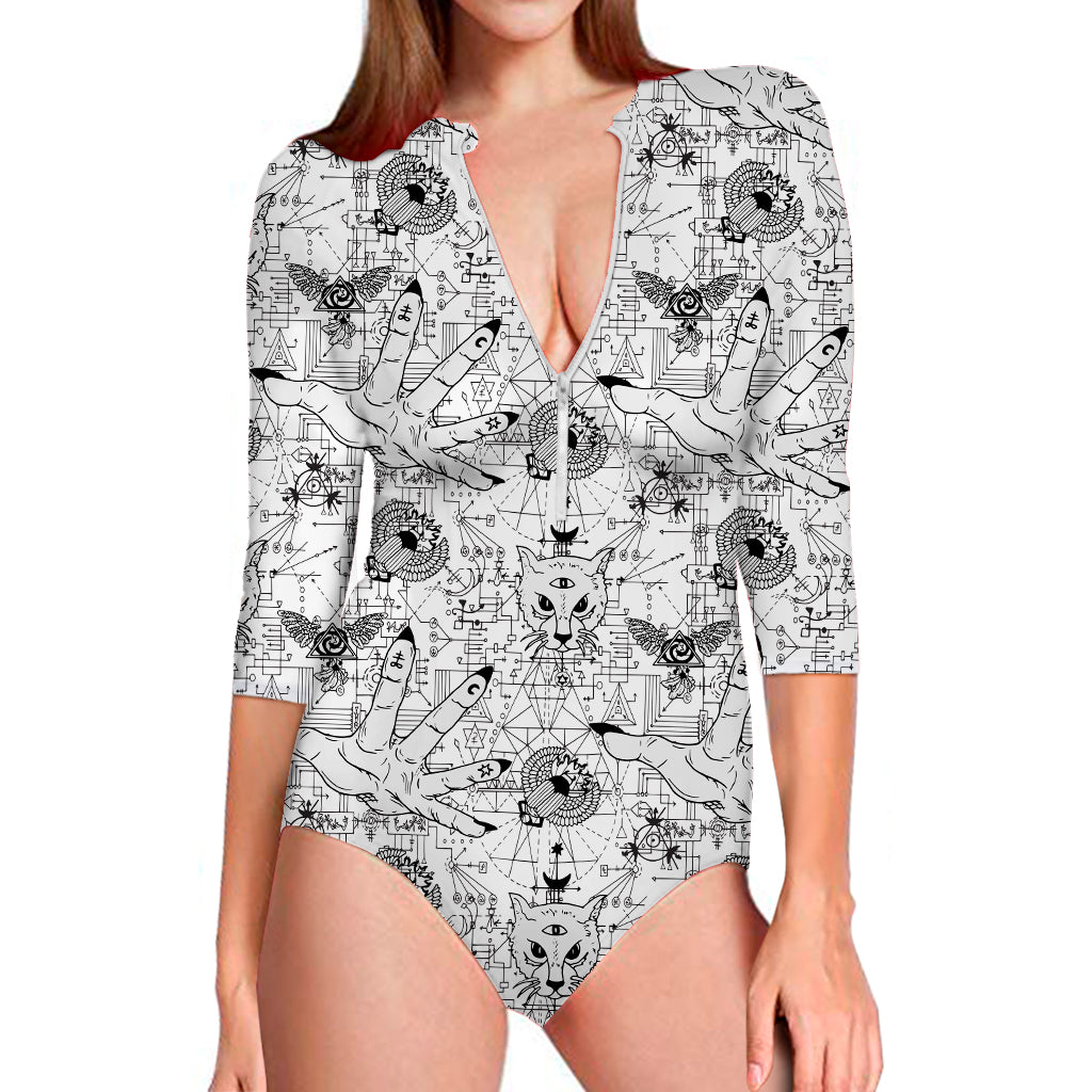 White And Black Wicca Magical Print Long Sleeve Swimsuit