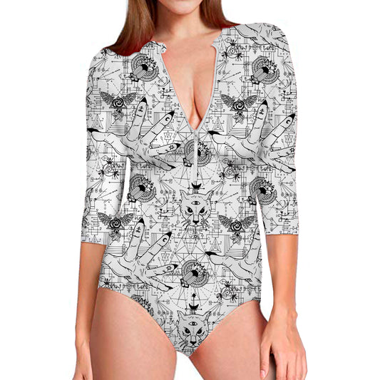 White And Black Wicca Magical Print Long Sleeve Swimsuit
