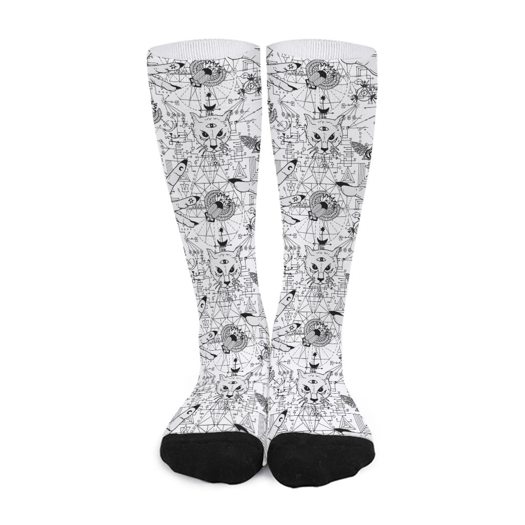 White And Black Wicca Magical Print Long Socks